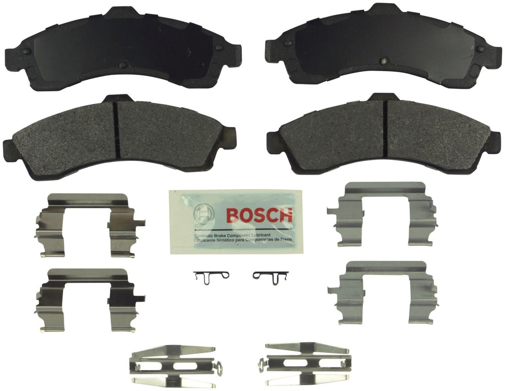 Bosch Blue front pads with hardware showing complete axle kit and easy installation