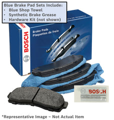 Bosch Blue pads in hand with hardware kit illustrating ready-to-install convenience and proper fit