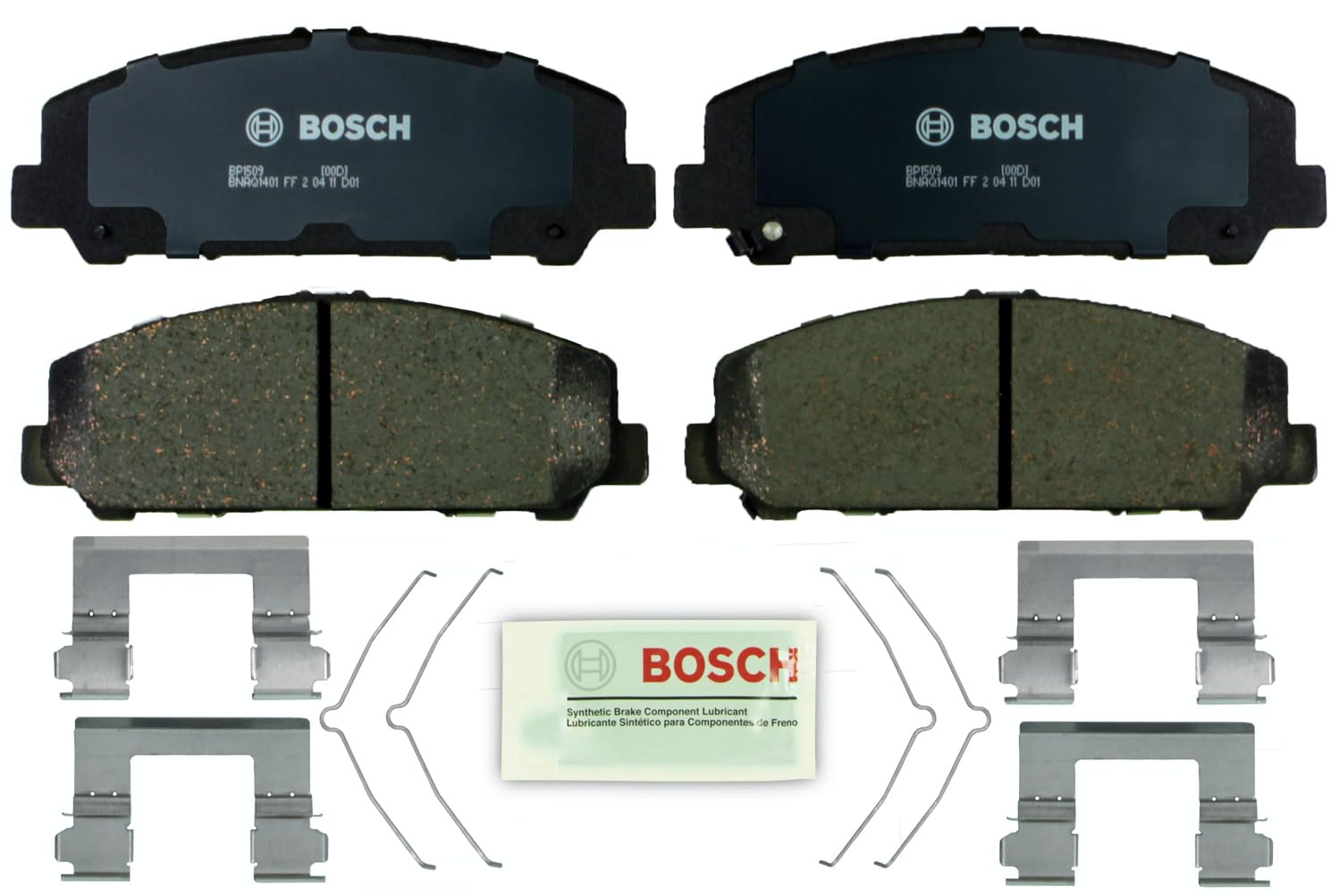 Bosch BP1509 front packaging showing complete axle set and hardware, Bosch quality assurance