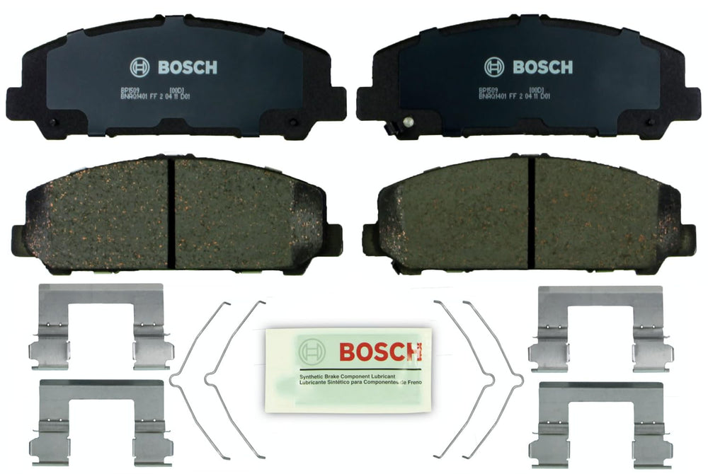 Bosch BP1509 front packaging showing complete axle set and hardware, Bosch quality assurance