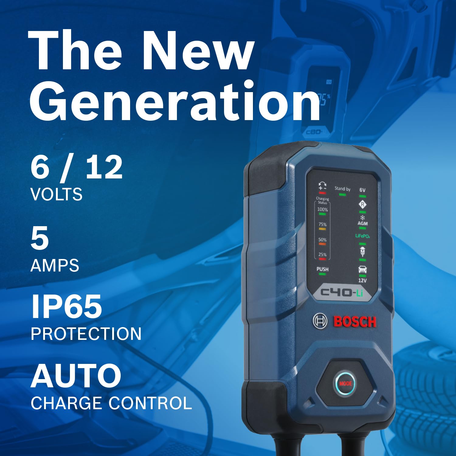 Bosch C40‑Li closeup of control panel and LEDs showing mode selection and charging status clearly