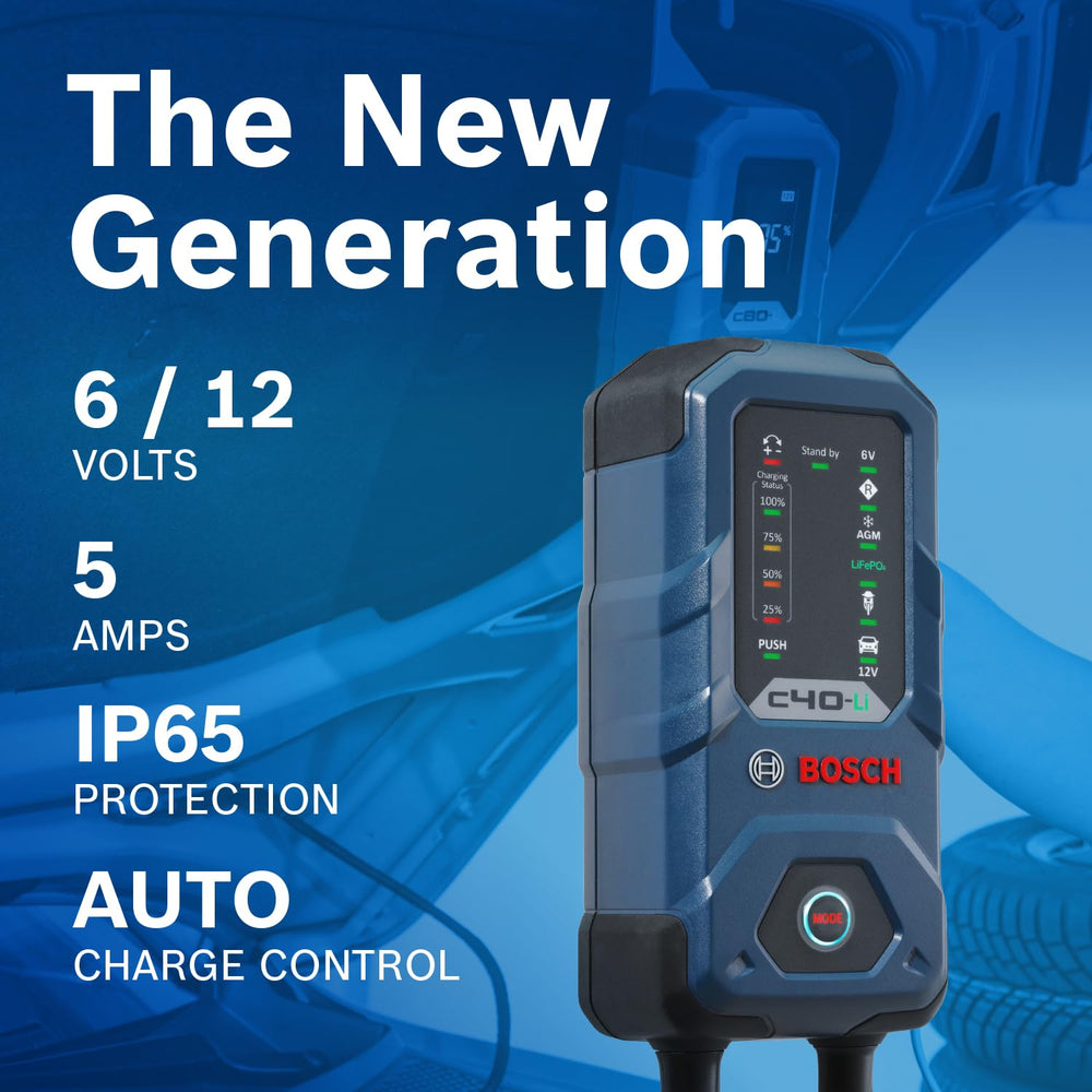 Bosch C40‑Li closeup of control panel and LEDs showing mode selection and charging status clearly