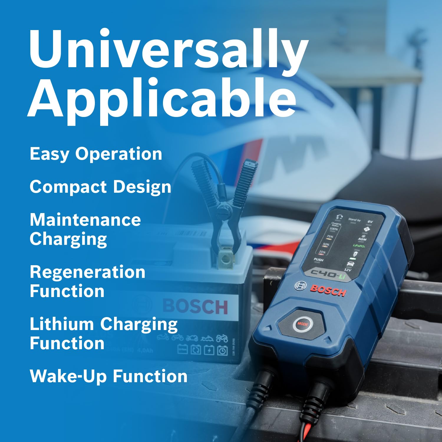 Bosch C40‑Li connected to a motorcycle battery illustrating safe charging and maintenance capability