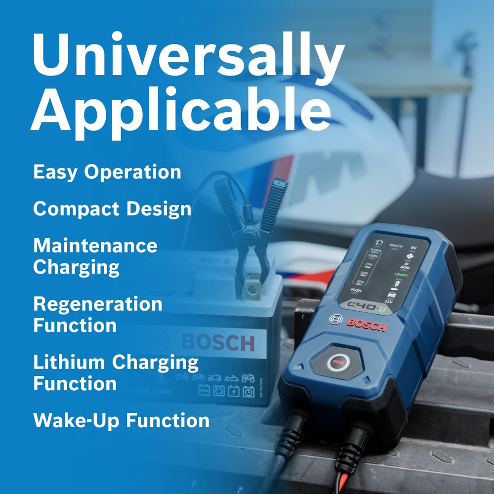 Bosch C40‑Li connected to a motorcycle battery illustrating safe charging and maintenance capability