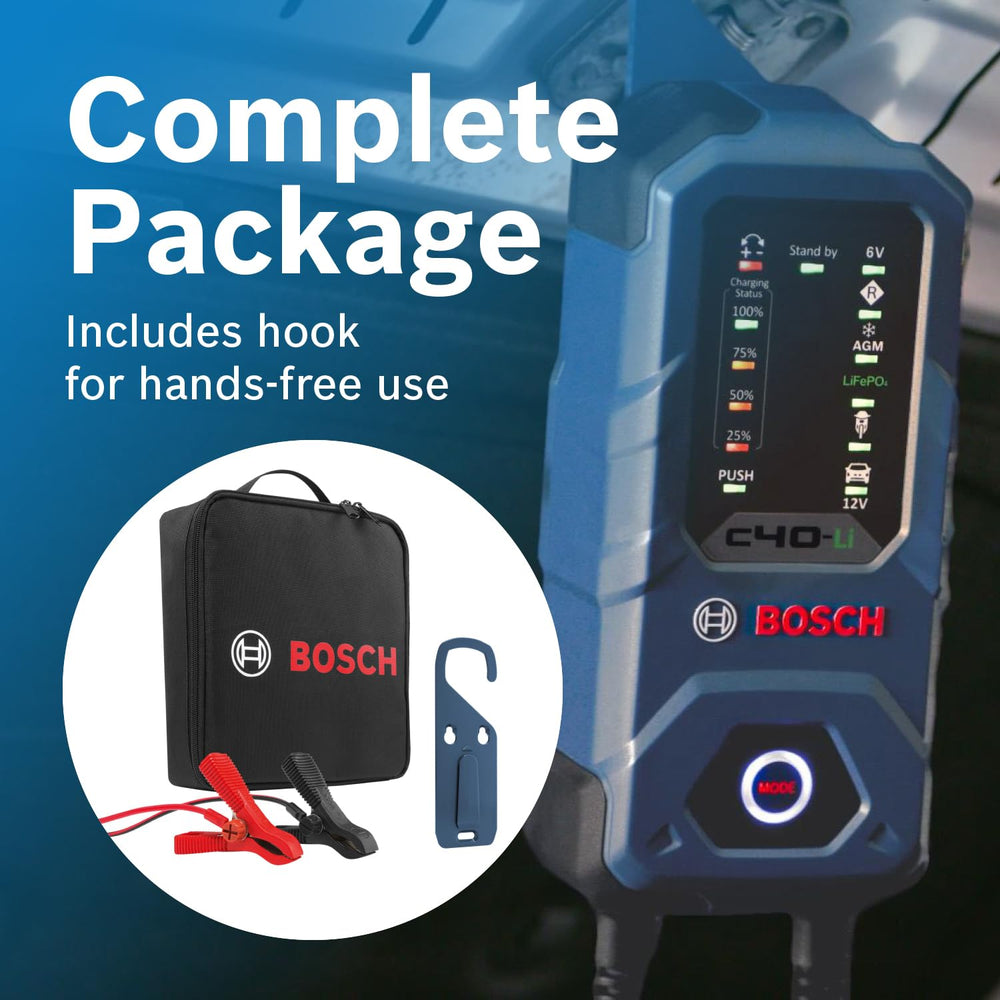 Bosch C40‑Li beside a hand for scale conveying compact size and portability advantage