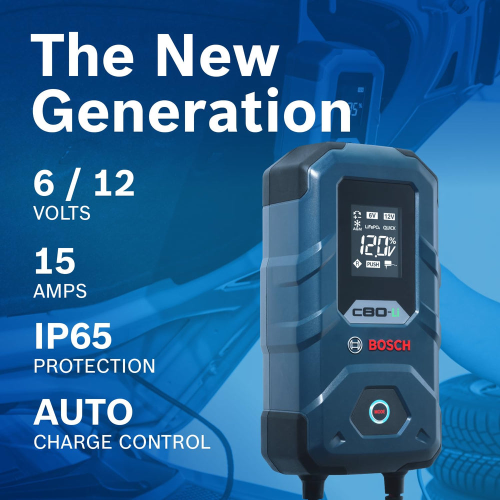 Bosch C80-Li close-up controls and buttons for precise charging mode selection