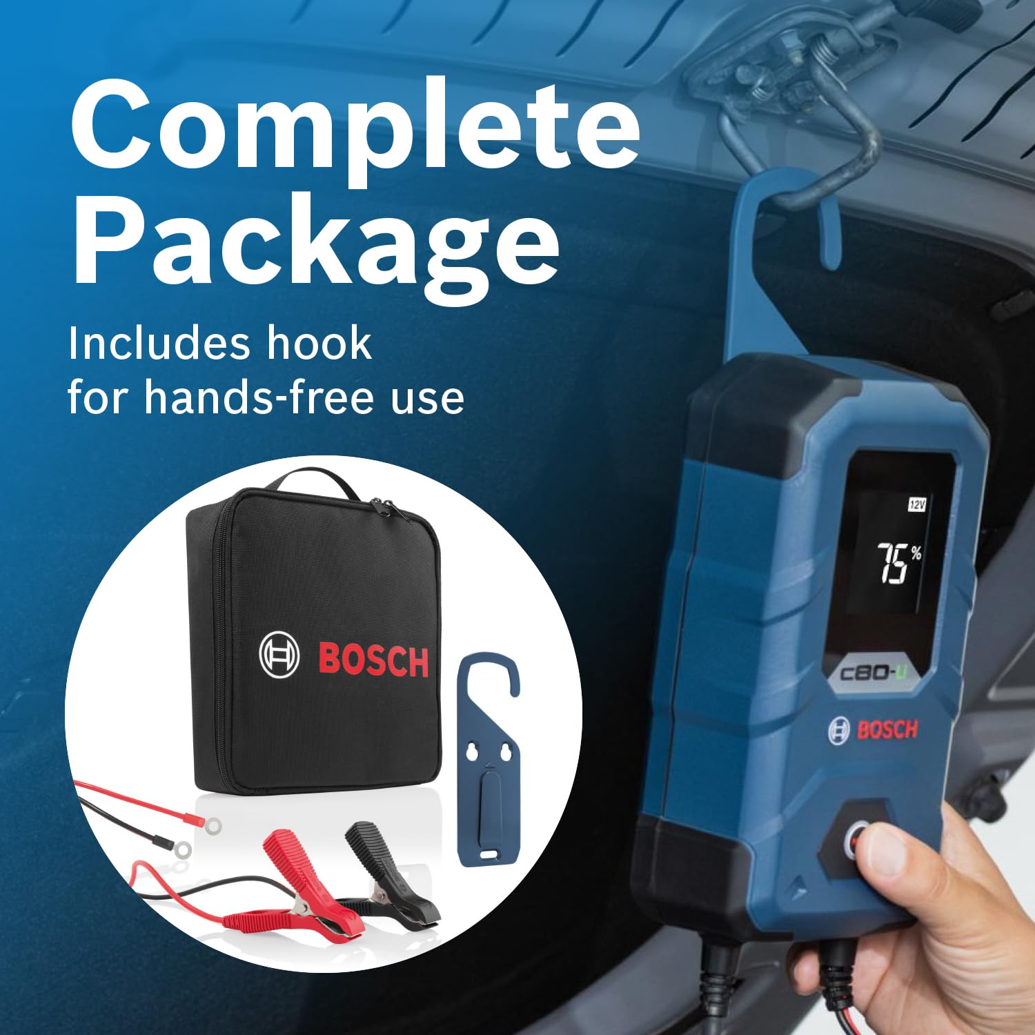 Bosch C80-Li with soft bag, wall hook and accessories for organized storage