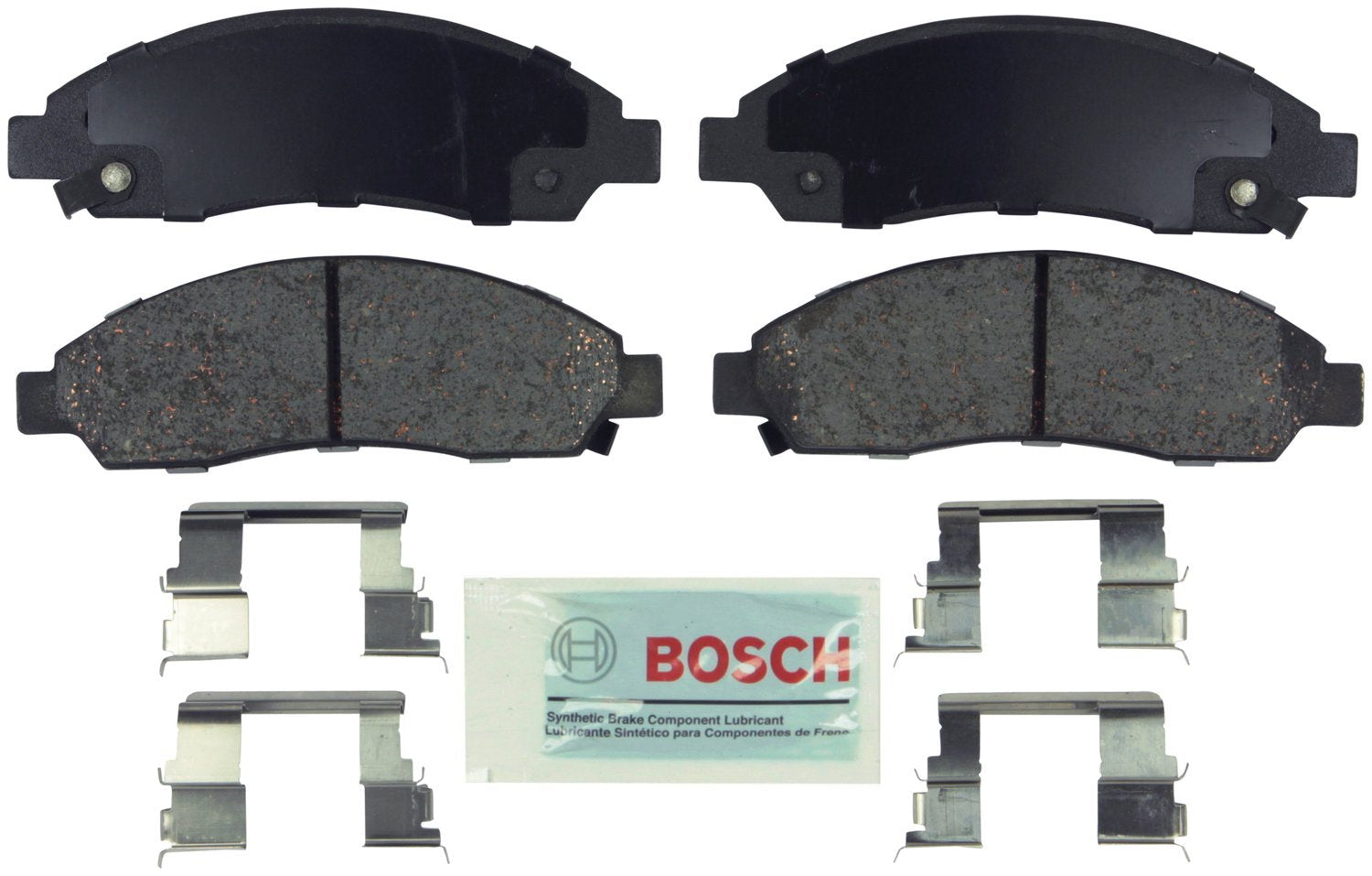 Bosch front brake pad set in box showing hardware and ready-to-install benefits