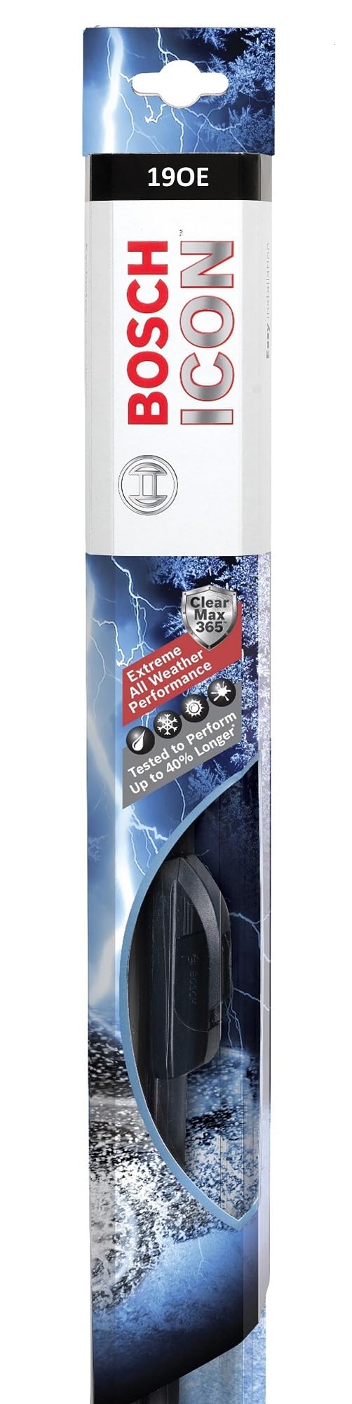 Bosch ICON front packaging showing brand and 19-inch blade benefit of clear visibility