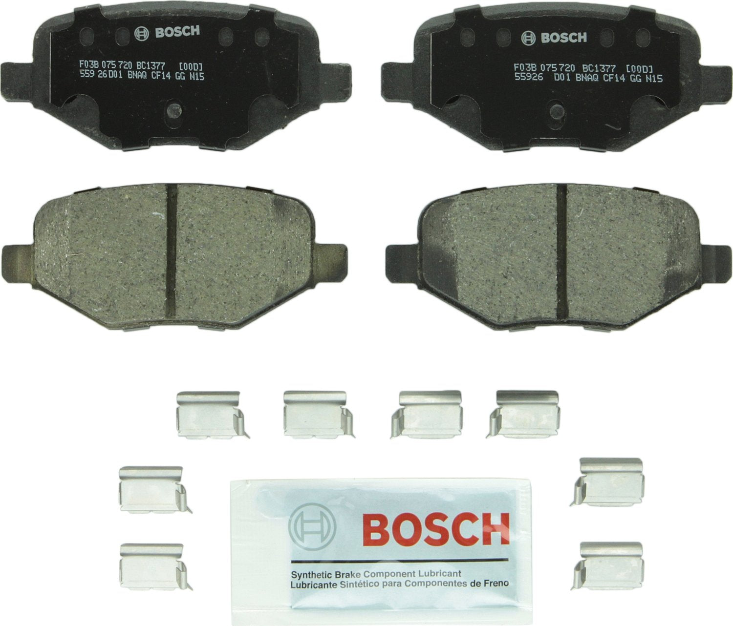 Bosch QuietCast BC1377 rear pads packaging showing included hardware and lubricant for easy install