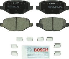 Bosch QuietCast BC1377 rear pads packaging showing included hardware and lubricant for easy install