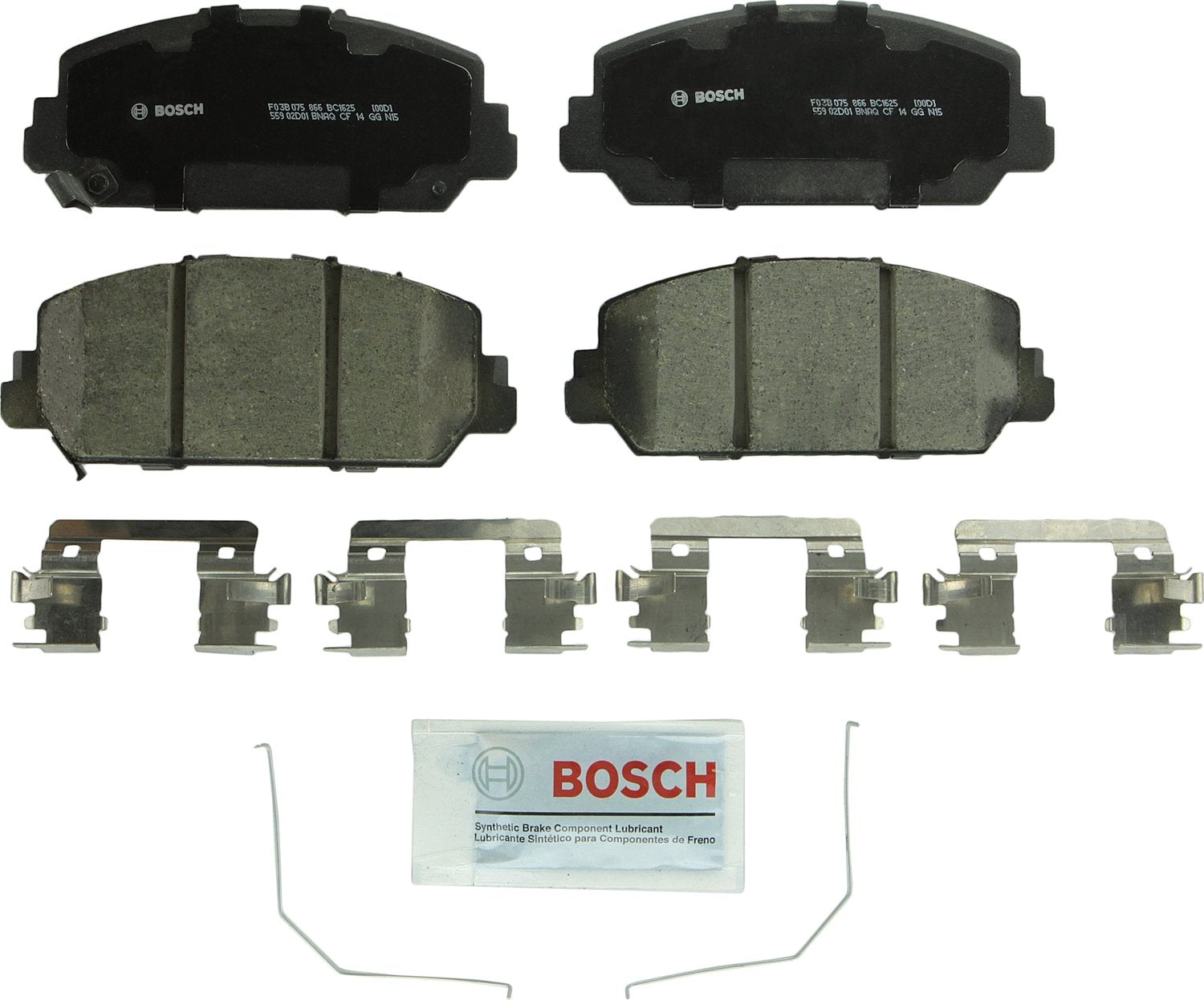 Bosch QuietCast BC1625 front packaging showing complete pad set and hardware
