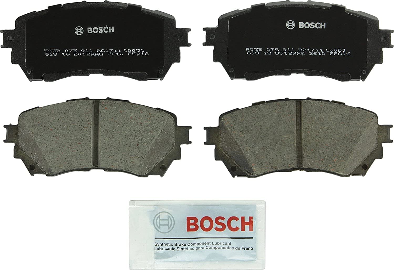 Bosch QuietCast BC1711 boxed front pad set shows complete kit and benefits