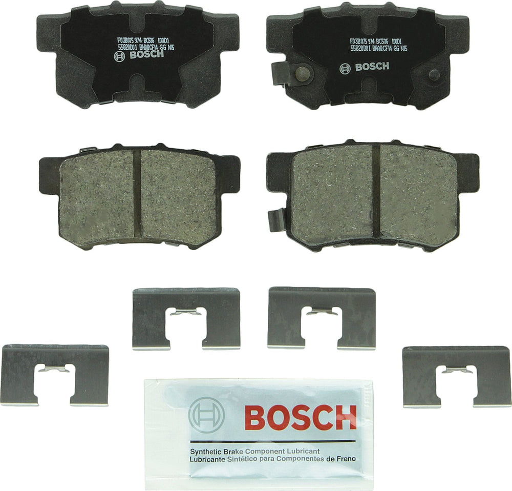 Bosch QuietCast BC536 front view showing pads and hardware, quiet braking benefit