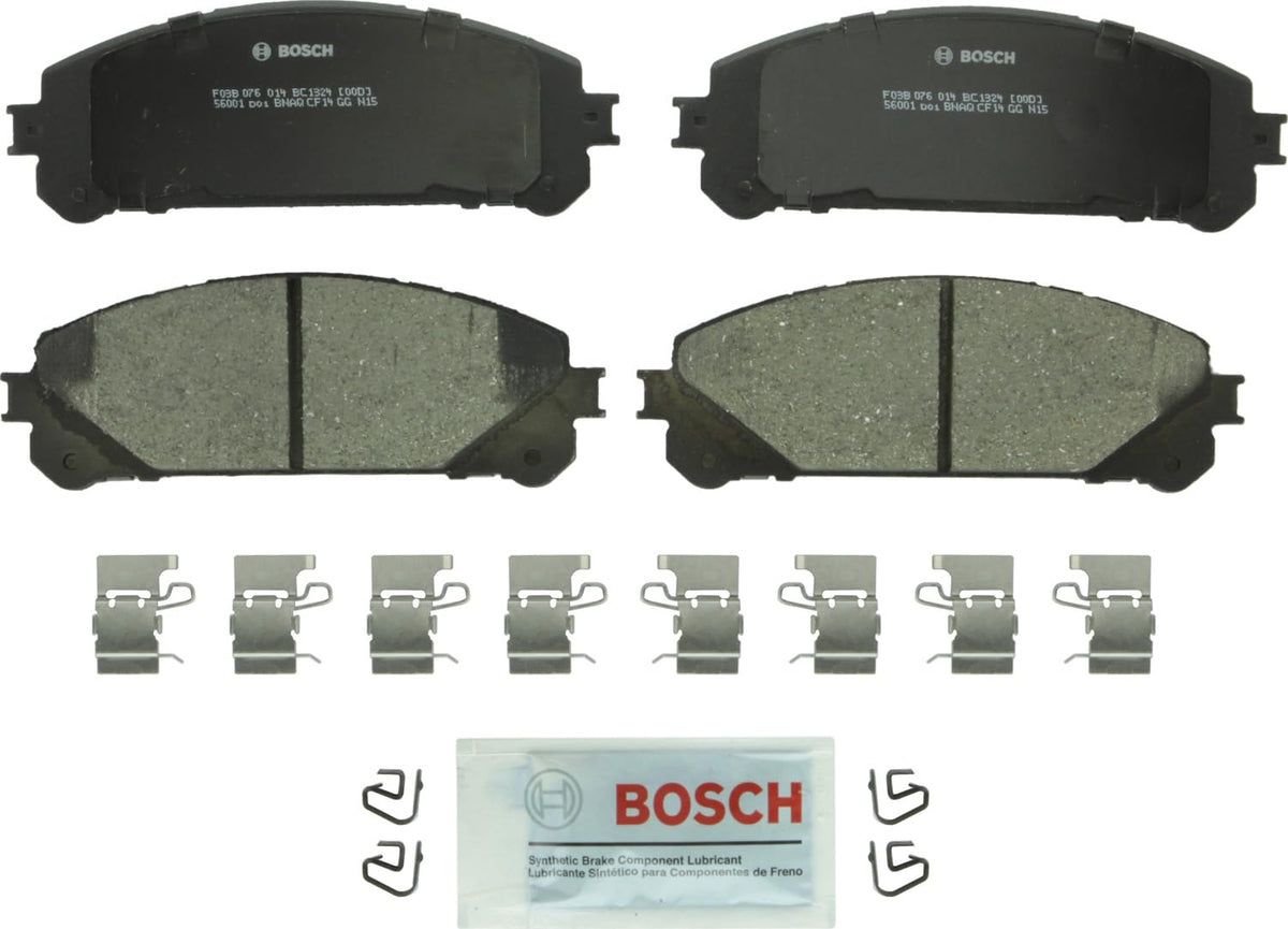 Bosch QuietCast front pad packaging showing contents and benefits