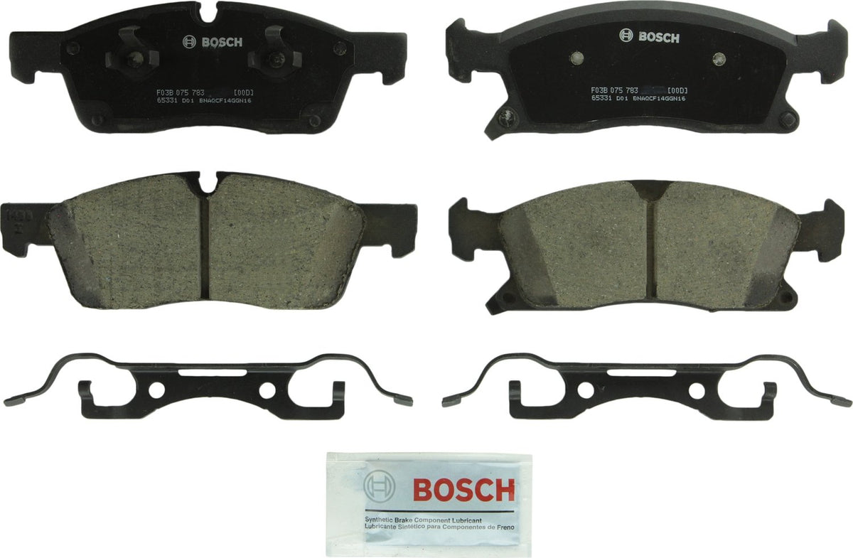 Bosch QuietCast front pad view showing OE fit and easy installation benefit