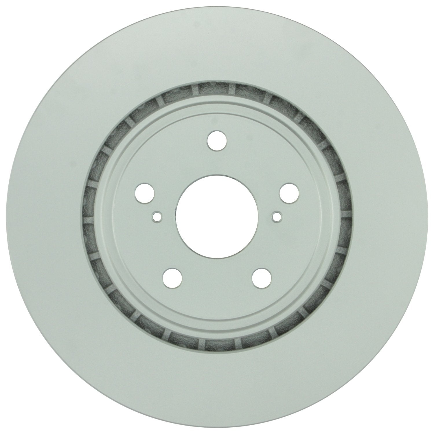 Bosch QuietCast front rotor front view showing mounting holes and clean finish for reliable fit