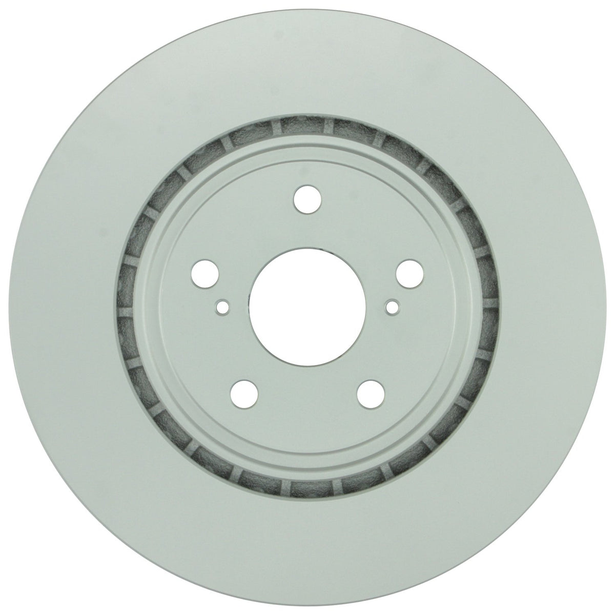 Bosch QuietCast front rotor front view showing mounting holes and clean finish for reliable fit
