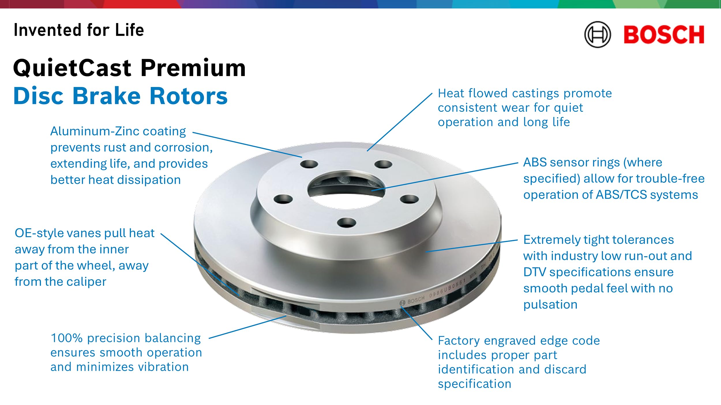 Bosch QuietCast rotor installed on vehicle wheel illustrating improved braking performance