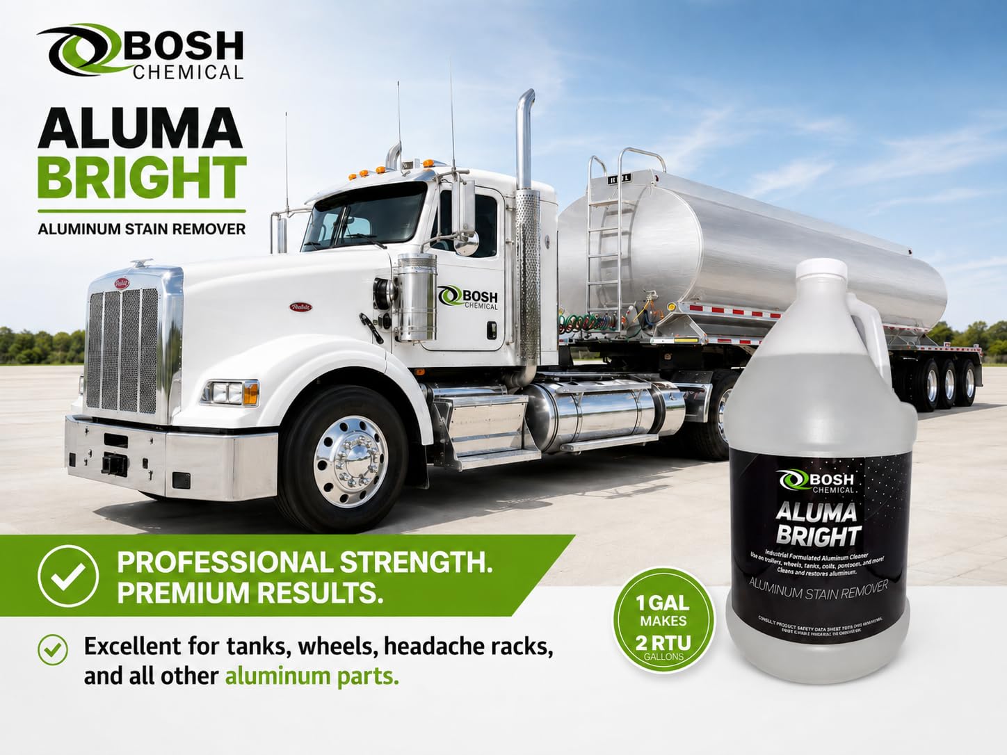 Bosh Chemical Aluma Bright one-gallon jug beside ruler showing size and concentrate value