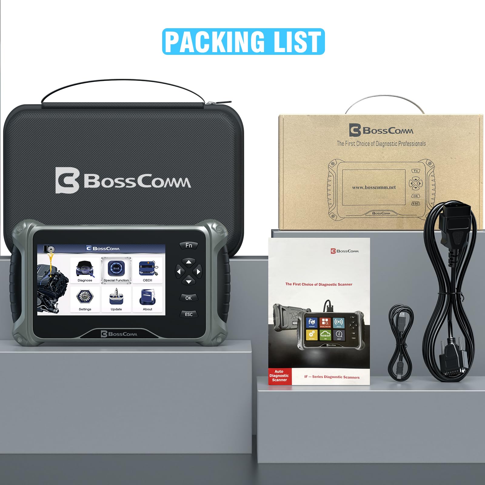 BC BossComm IF745 used beside car in driveway for quick at-home diagnostics
