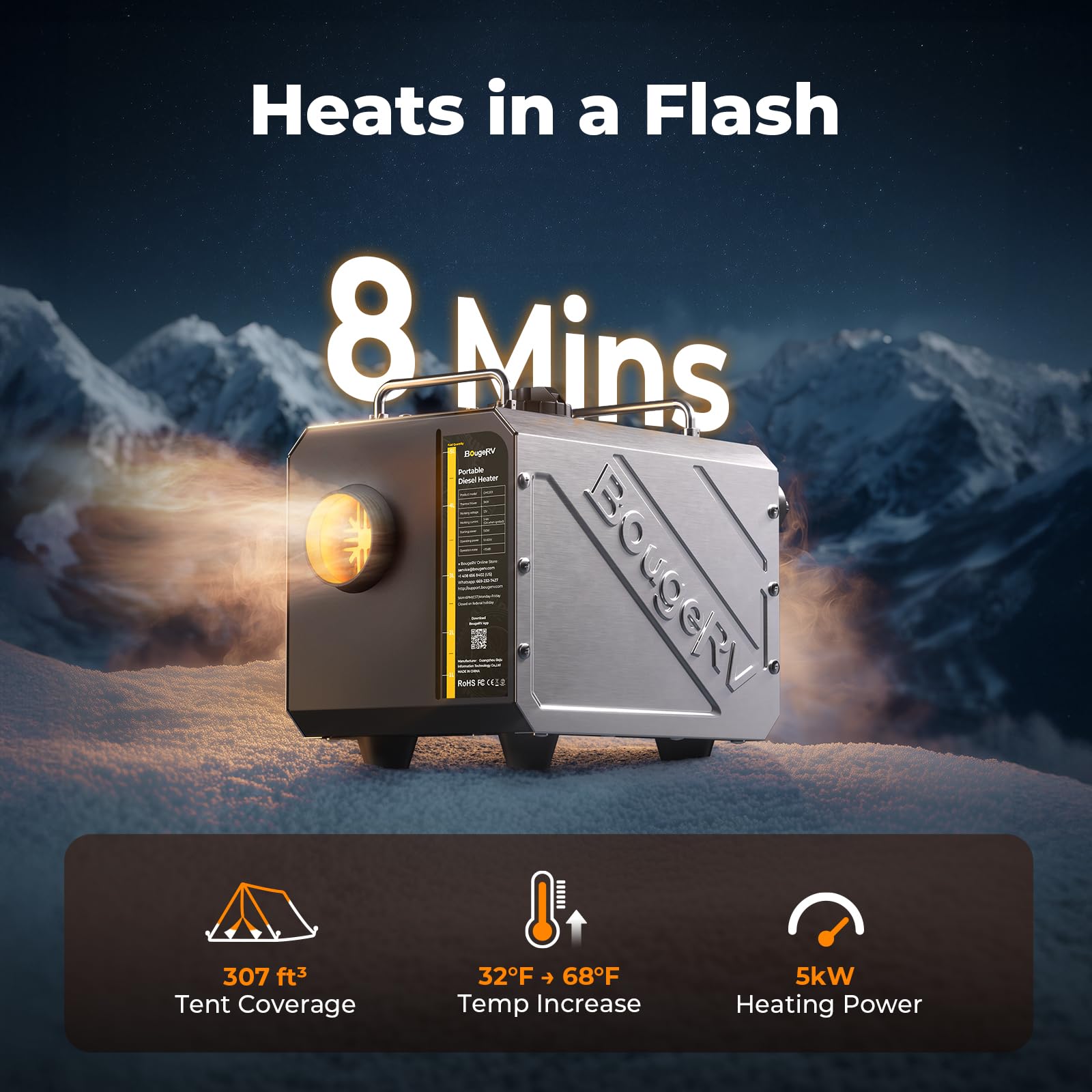 BougeRV control panel with smartphone app illustrating remote preheat and timer convenience
