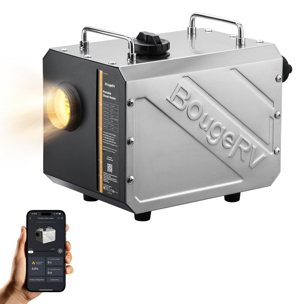 BougeRV front view of 5KW heater showing compact casing and grille for efficient heat