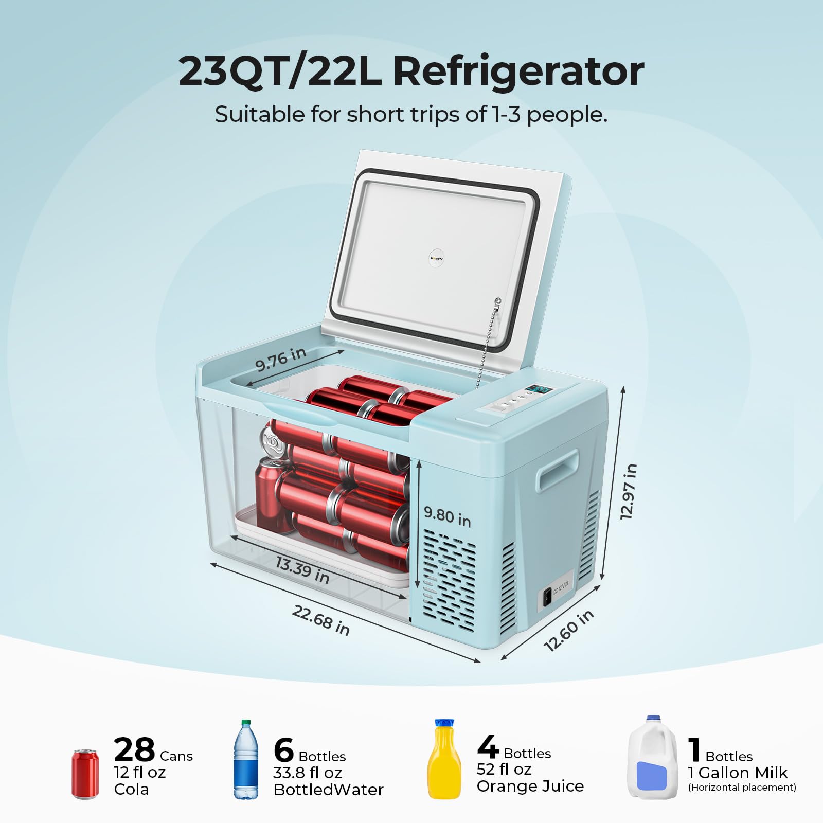 BougeRV CR22 open with food and drinks inside demonstrating organized storage benefit