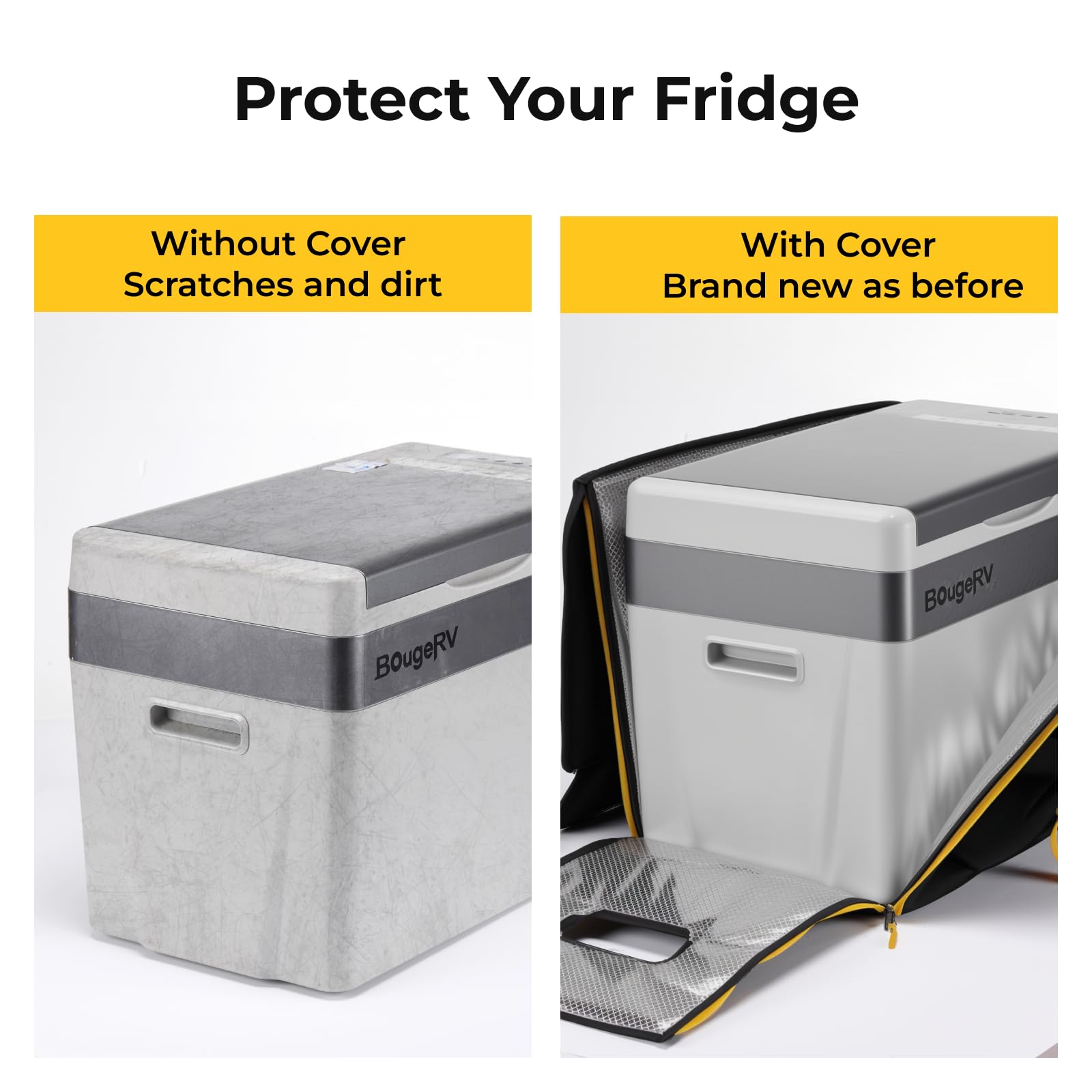 BougeRV insulated cover fitted to fridge improving efficiency and protection