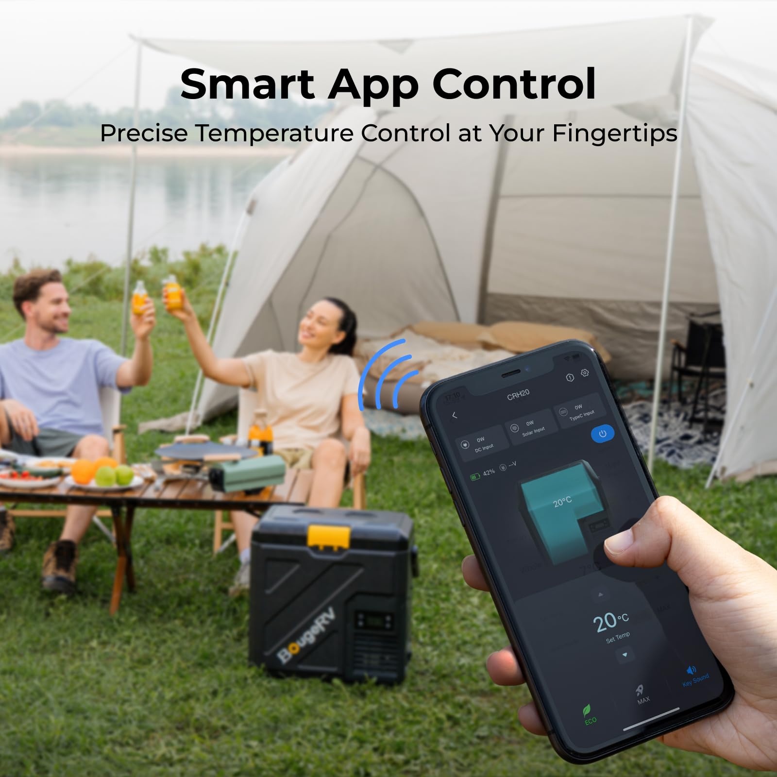 BougeRV CRH20 at campsite with gear, conveys outdoor convenience and cold storage