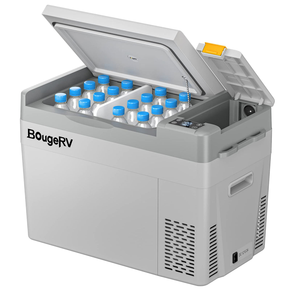 BougeRV front view showing compact fridge design and portability benefits