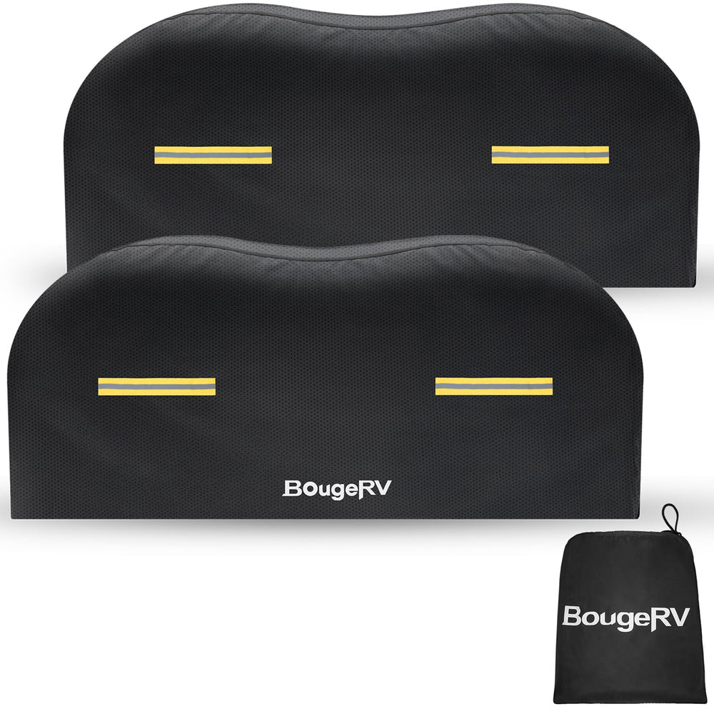 BougeRV front view of dual axle covers protecting wheels and paint