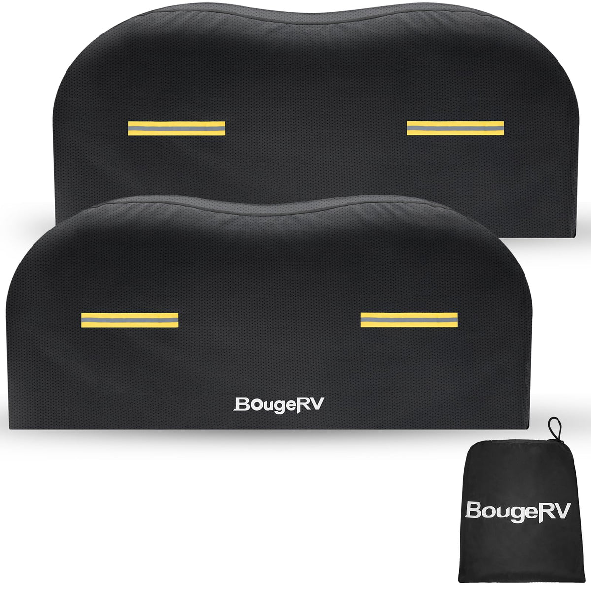 BougeRV front view of dual axle covers protecting wheels and paint
