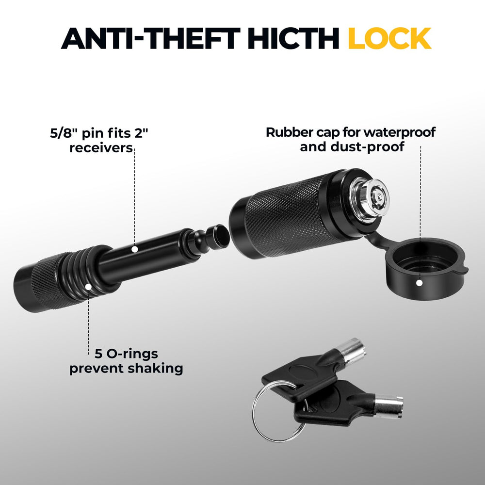 BougeRV hitch cover with included lock and hardware demonstrating theft protection