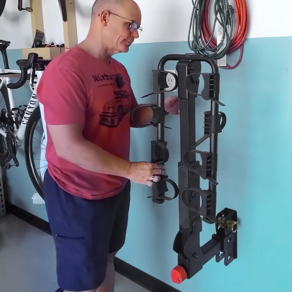 BougeRV mounted on garage wall with tool bench nearby to show scale and clearance