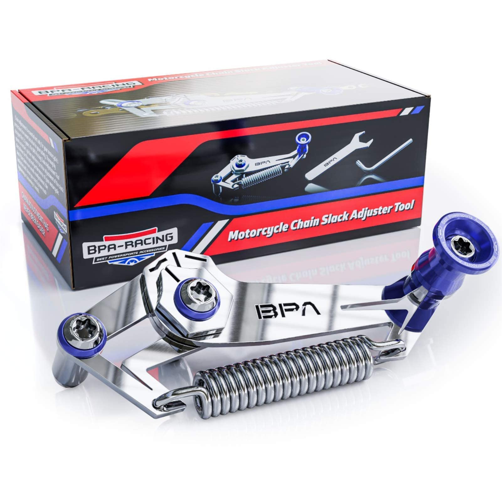 BPA-RACING front view of blue chain slack adjuster showing compact design and quick setup benefit