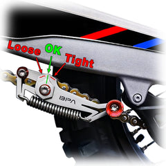BPA-RACING tool in use on a motorcycle rear wheel for quick adjustments