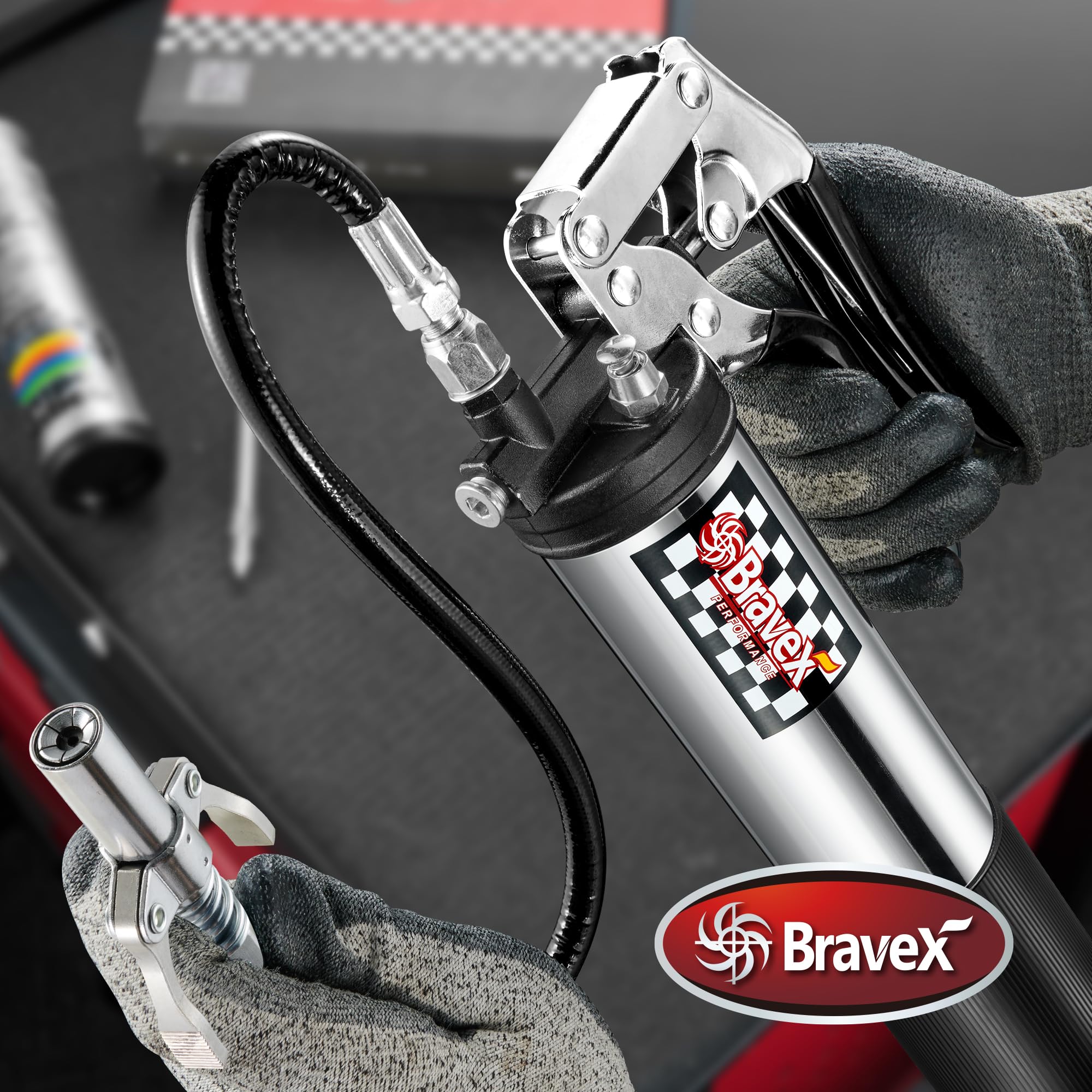 Bravex quick-release coupler close-up for fast, secure grease connections