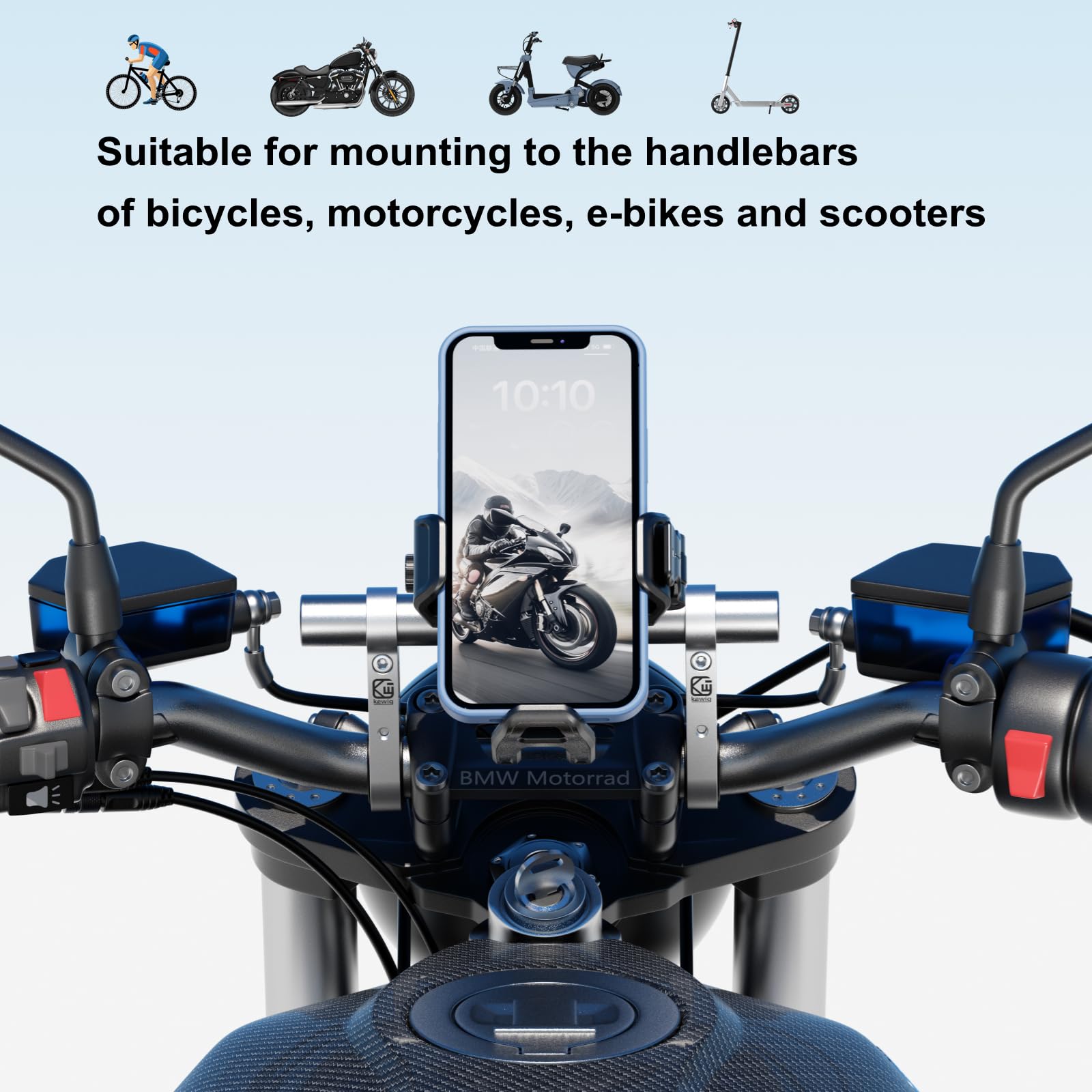 BRCOVAN installed on motorcycle bar with auxiliary light, supports heavier gear