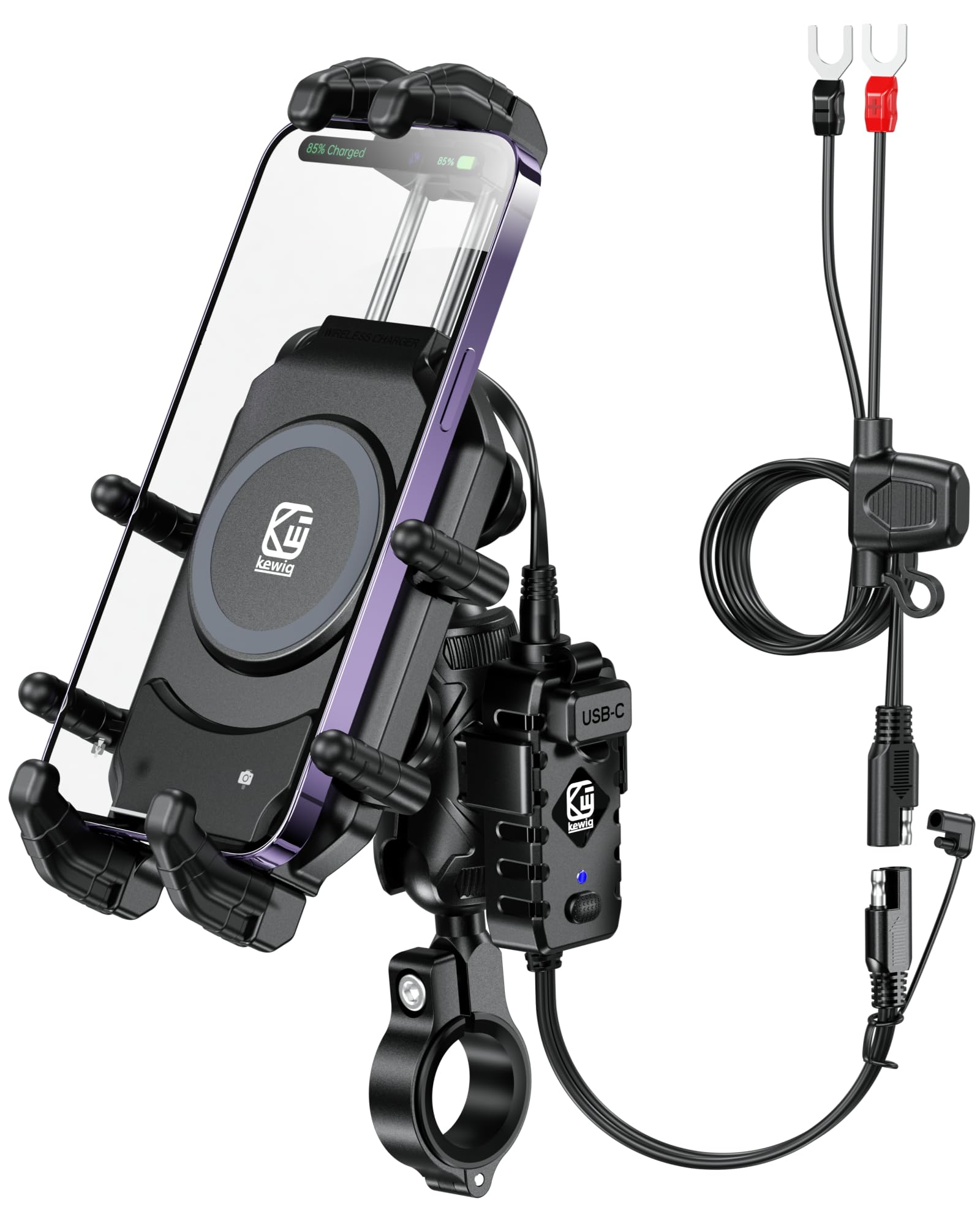 BRCOVAN front view of motorcycle phone mount showing secure cradle and charger