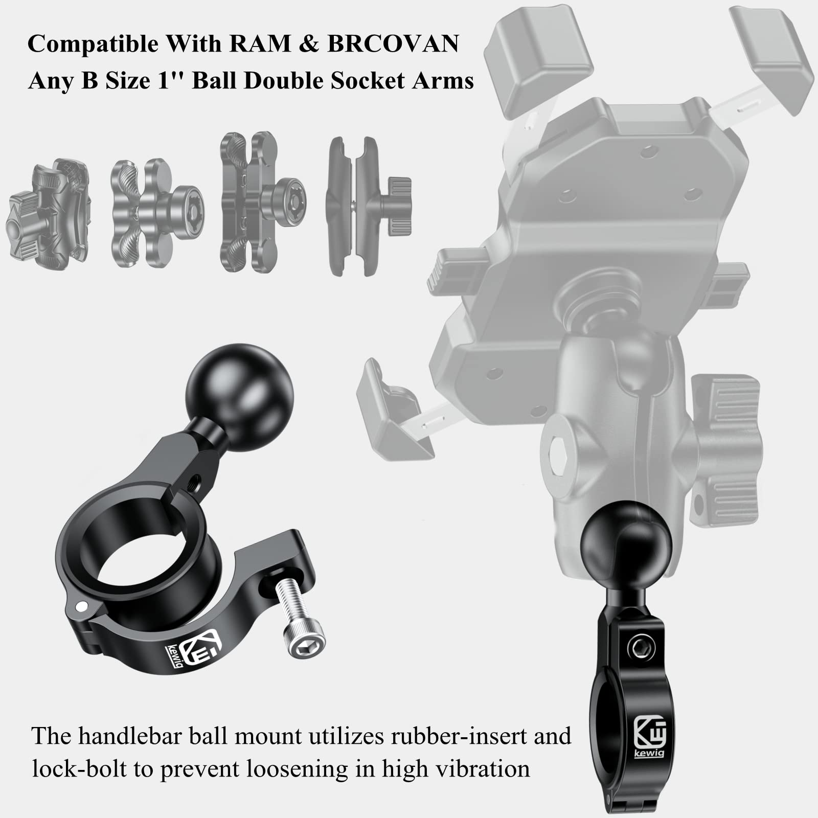 BRCOVAN clamp mounted on motorcycle handlebar demonstrating secure vibration-resistant hold