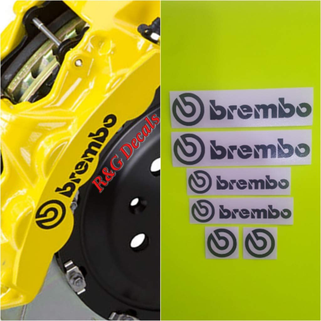 Brembo front packaging showing six high-temp decals and instructions, durable branding