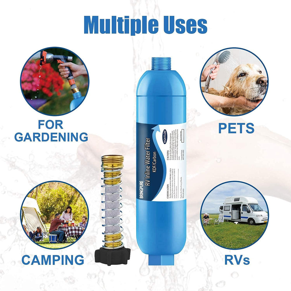 Bringpure installed on RV hose demonstrating quick hookup and steady water flow