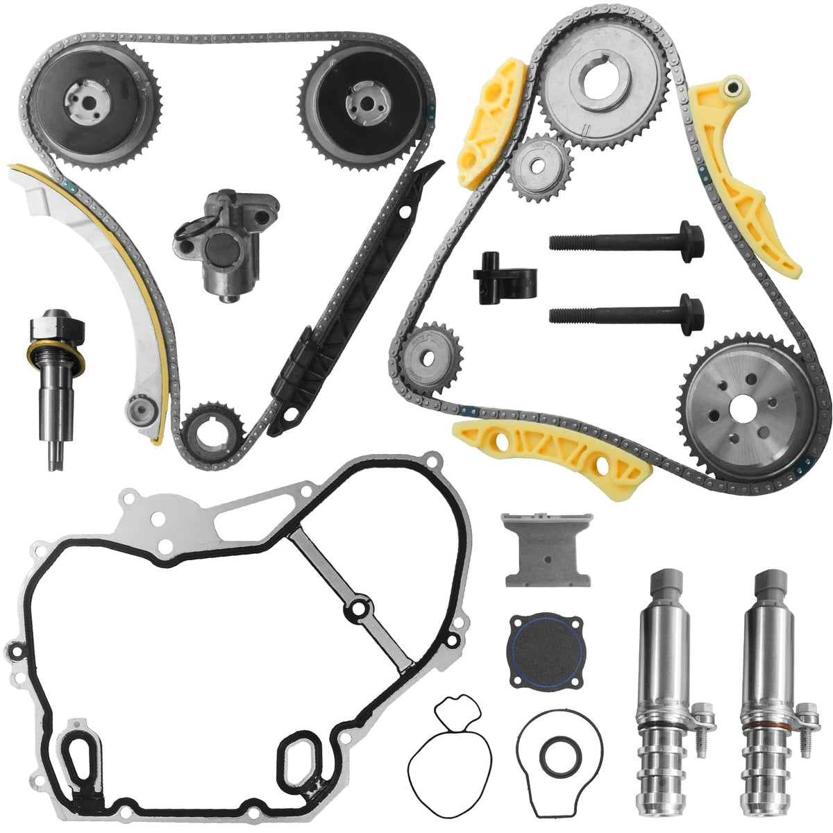 BRNEWKITS front packaging showing full timing chain kit and fitment list, clear identification benefit