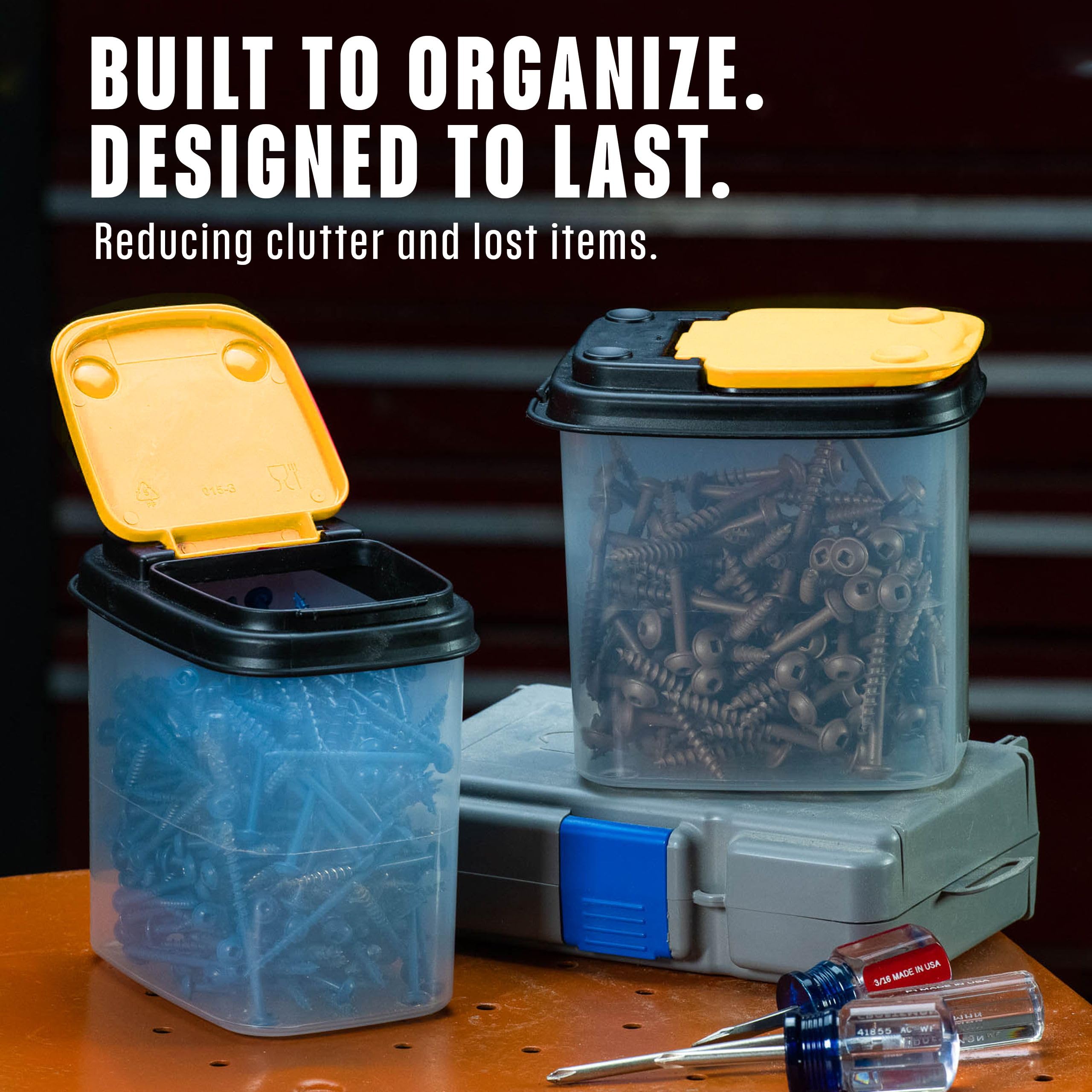 Buddeez labeled bins with small parts visible for easy identification