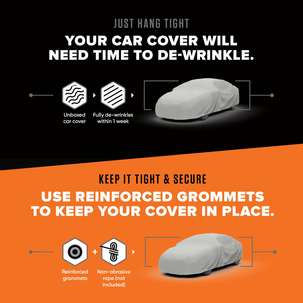 Budge cover draped on sedan in garage for dust protection