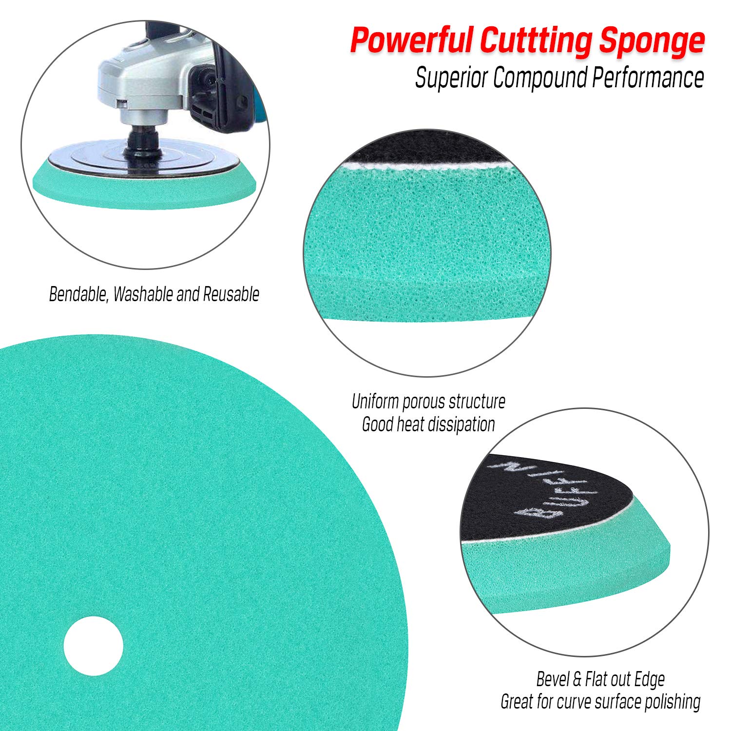 BUFFING HERO orbital sander polishing a car hood with pad showing even compound removal benefit