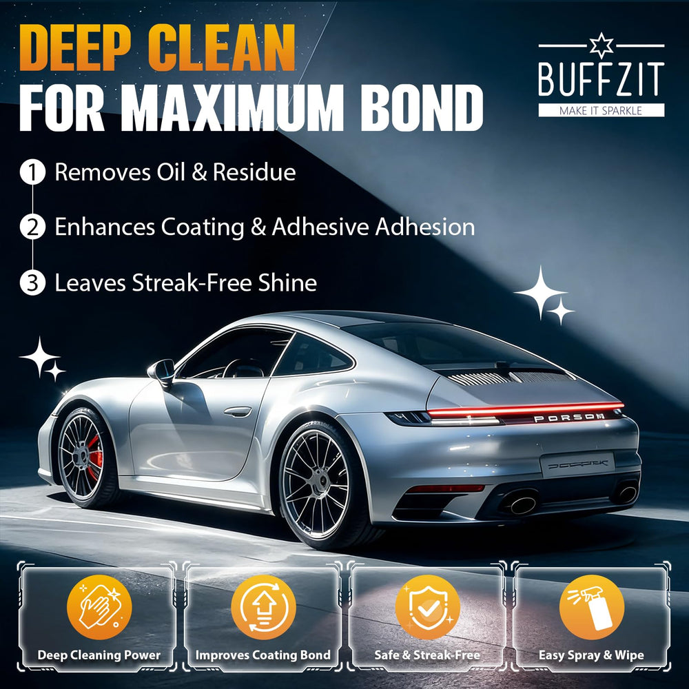 BUFFZIT before-and-after car panel showing improved surface ready for coating