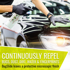 BugSlide before and after car panel showing bug removal and glossy finish