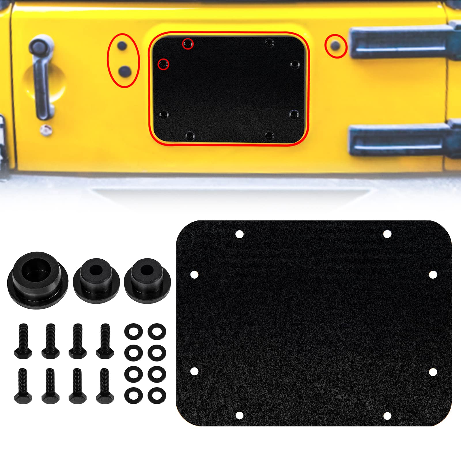 Buling front plate on Wrangler tailgate showing clean finished look and improved aesthetics